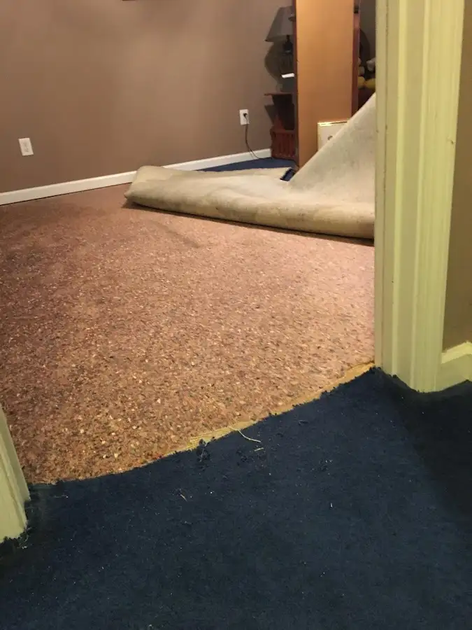 Carpet pad removal revealing water damage during Water Mitigation Services in Bourbonnais