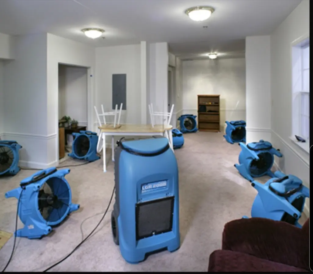 Air movers and dehumidifier setup for Water Damage Restoration in Bourbonnais